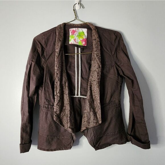 FREE PEOPLE Women’s Brown Lace Lapel Ruffle Linen Blend Peplum Blazer Jacket 4 - Picture 1 of 7
